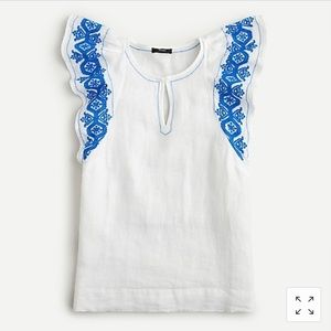 J Crew Embroidered linen flutter-sleeve top